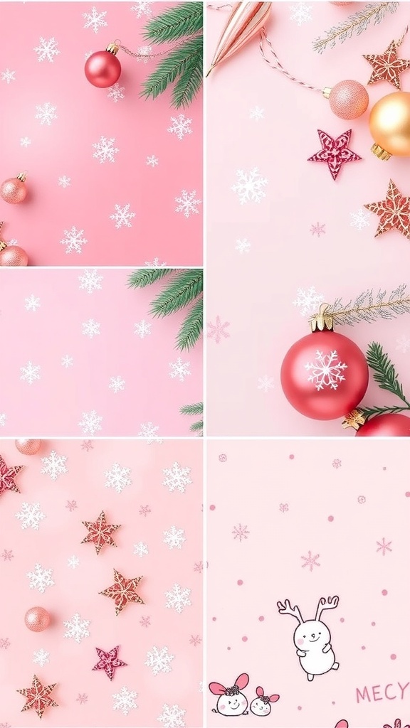 Aesthetic pink Christmas wallpaper designs featuring snowflakes, ornaments, and holiday motifs.